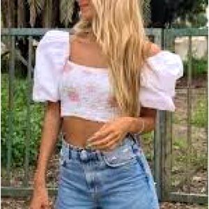 💝 NWT New Zara White Floral Crop Top Balloon Sleeve XL